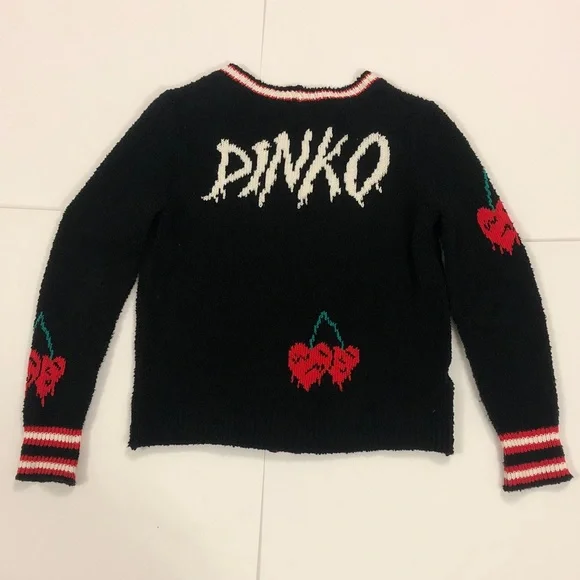 Pinko XS (up to XL) Realgar Cardigan Black w Red Green Cherry 🍒 Logo Design back - Picture 6 of 14